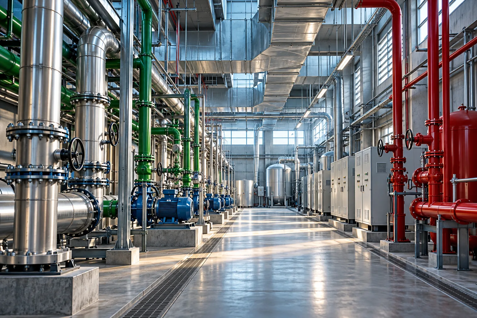 Ilustrasi instalasi pipa, ducting, dan panel listrik dalam ruang mekanikal